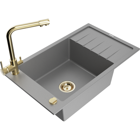 Mexen Elias zlewozmywak granitowy 1-komorowy z ociekaczem i baterią kuchenną Duero, szary - 6511-71-671600-50
