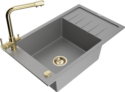 Mexen Elias zlewozmywak granitowy 1-komorowy z ociekaczem i baterią kuchenną Duero, szary - 6511-71-671600-50