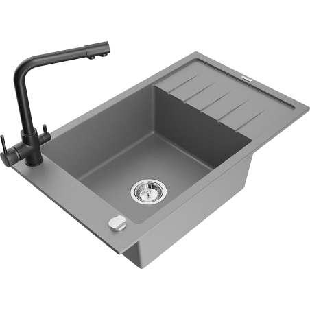 Mexen Elias zlewozmywak granitowy 1-komorowy z ociekaczem i baterią kuchenną Duero, szary - 6511-71-671600-70