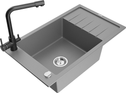 Mexen Elias zlewozmywak granitowy 1-komorowy z ociekaczem i baterią kuchenną Duero, szary - 6511-71-671600-70