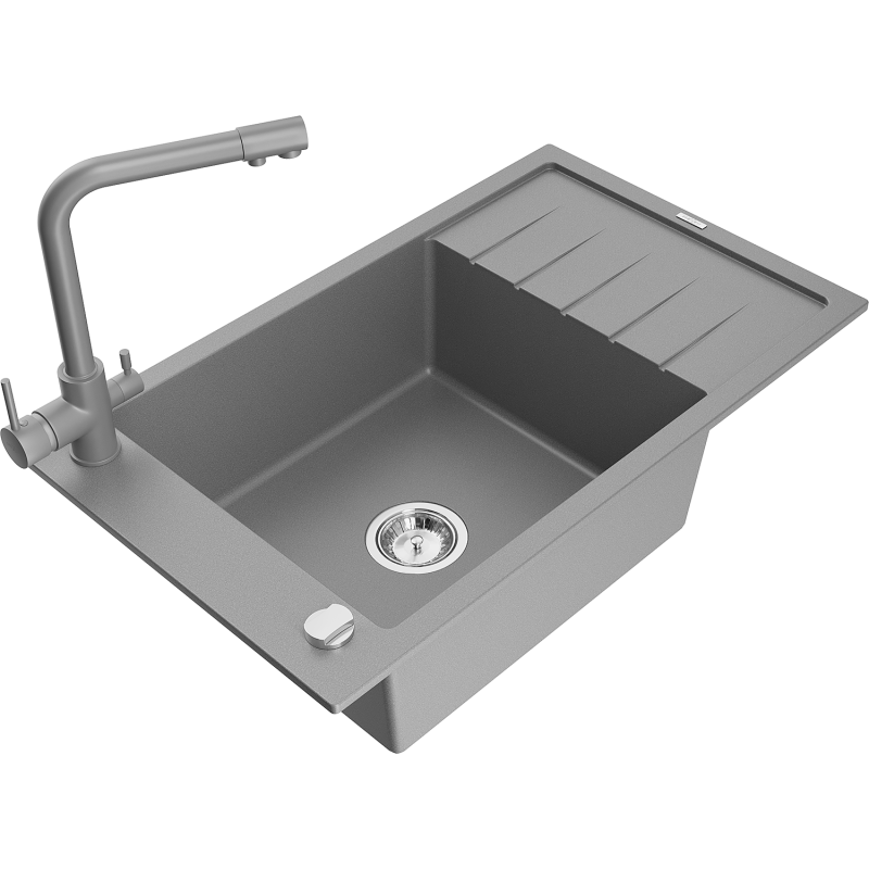 Mexen Elias zlewozmywak granitowy 1-komorowy z ociekaczem i baterią kuchenną Duero, szary - 6511-71-671600-71