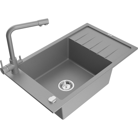 Mexen Elias zlewozmywak granitowy 1-komorowy z ociekaczem i baterią kuchenną Duero, szary - 6511-71-671600-71