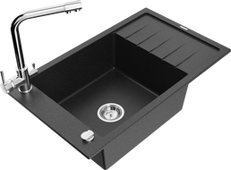 Mexen Elias zlewozmywak granitowy 1-komorowy z ociekaczem i baterią kuchenną Duero, czarny/srebrny metalik - 6511-73-671600-00