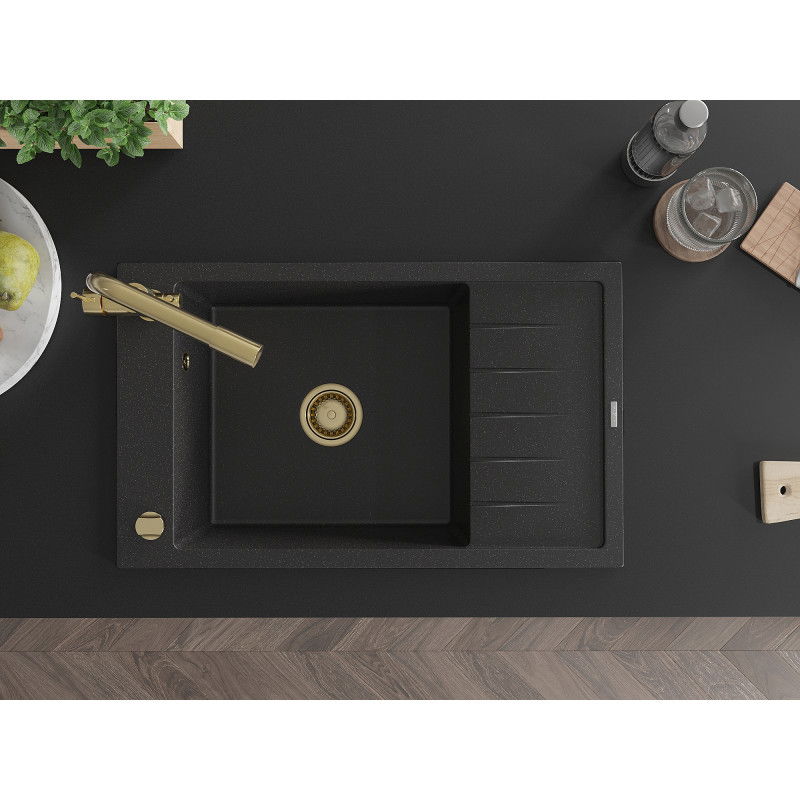 Mexen Elias zlewozmywak granitowy 1-komorowy z ociekaczem i baterią kuchenną Duero, czarny/srebrny metalik - 6511-73-671600-50