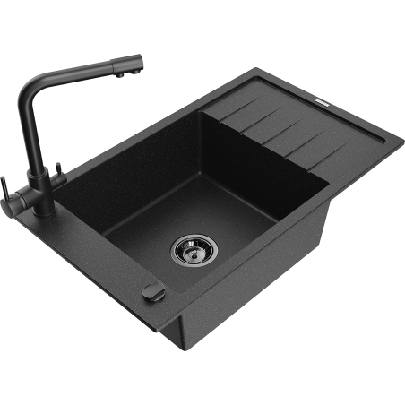 Mexen Elias zlewozmywak granitowy 1-komorowy z ociekaczem i baterią kuchenną Duero, czarny/srebrny metalik - 6511-73-671600-70-B