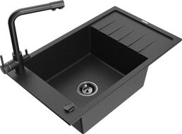 Mexen Elias zlewozmywak granitowy 1-komorowy z ociekaczem i baterią kuchenną Duero, czarny/srebrny metalik - 6511-73-671600-70-B