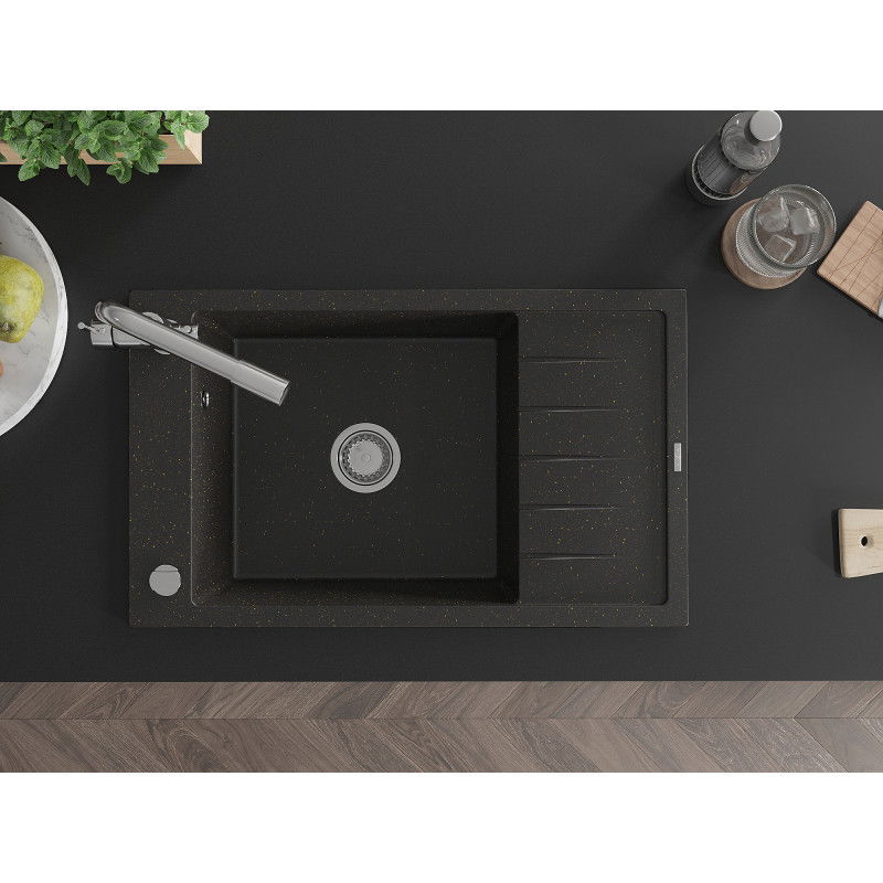 Mexen Elias zlewozmywak granitowy 1-komorowy z ociekaczem i baterią kuchenną Duero, czarny/złoty metalik - 6511-75-671600-00