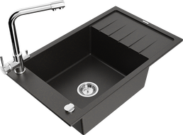 Mexen Elias zlewozmywak granitowy 1-komorowy z ociekaczem i baterią kuchenną Duero, czarny/złoty metalik - 6511-75-671600-00