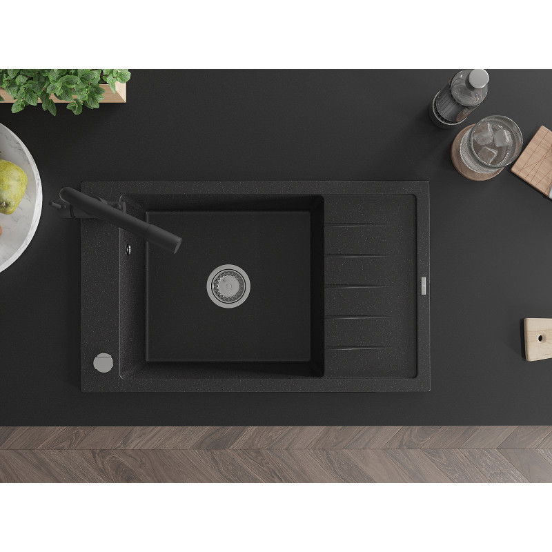 Mexen Elias zlewozmywak granitowy 1-komorowy z ociekaczem i baterią kuchenną Duero, czarny/srebrny metalik - 6511-73-671600-70