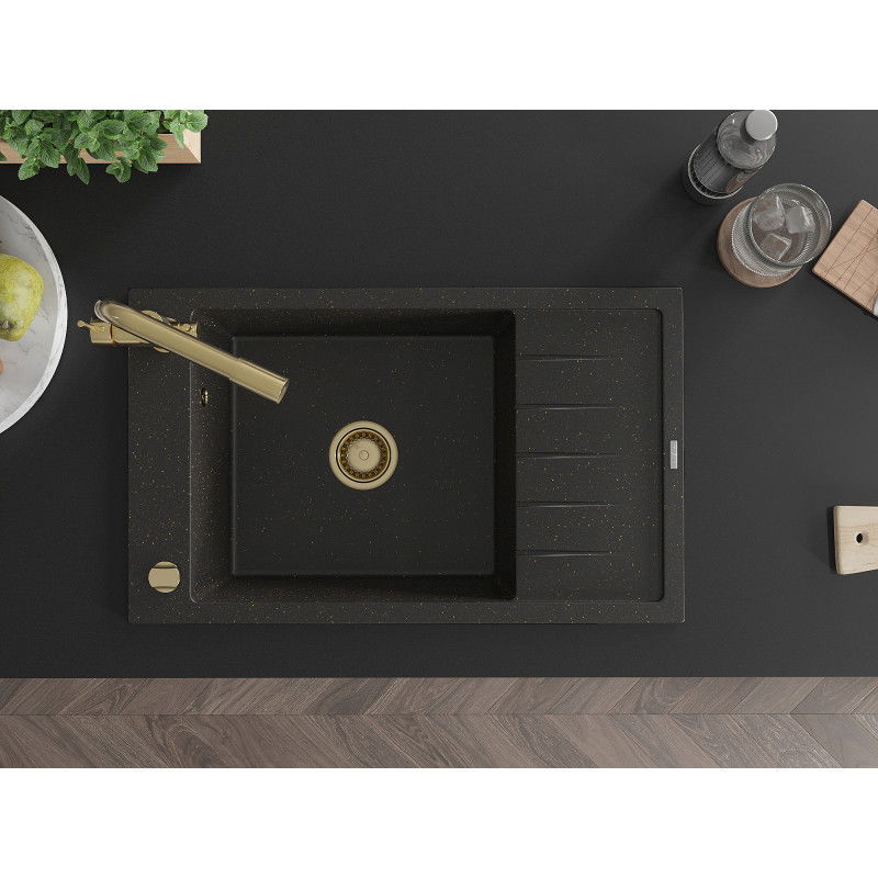 Mexen Elias zlewozmywak granitowy 1-komorowy z ociekaczem i baterią kuchenną Duero, czarny/złoty metalik - 6511-75-671600-50