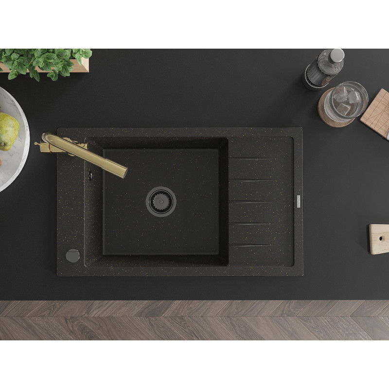 Mexen Elias zlewozmywak granitowy 1-komorowy z ociekaczem i baterią kuchenną Duero, czarny/złoty metalik - 6511-75-671600-50-B