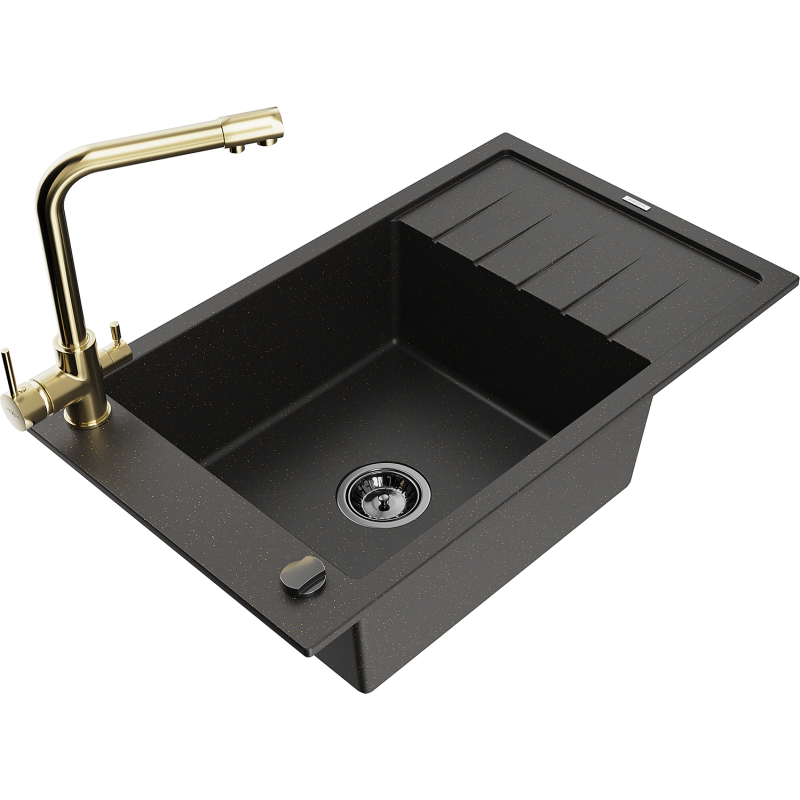 Mexen Elias zlewozmywak granitowy 1-komorowy z ociekaczem i baterią kuchenną Duero, czarny/złoty metalik - 6511-75-671600-50-B