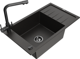 Mexen Elias zlewozmywak granitowy 1-komorowy z ociekaczem i baterią kuchenną Duero, czarny/złoty metalik - 6511-75-671600-70-B