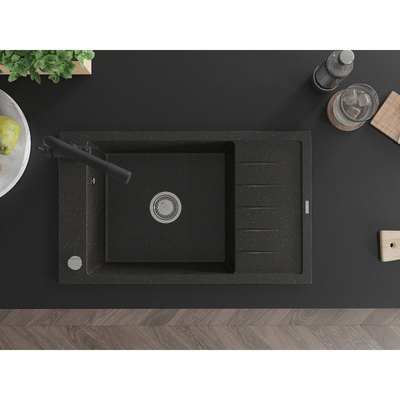 Mexen Elias zlewozmywak granitowy 1-komorowy z ociekaczem i baterią kuchenną Duero, czarny/złoty metalik - 6511-75-671600-70