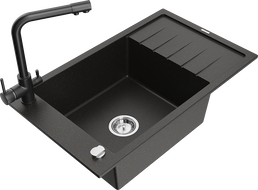 Mexen Elias zlewozmywak granitowy 1-komorowy z ociekaczem i baterią kuchenną Duero, czarny/złoty metalik - 6511-75-671600-70