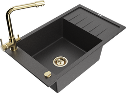 Mexen Elias zlewozmywak granitowy 1-komorowy z ociekaczem i baterią kuchenną Duero, czarny nakrapiany - 6511-76-671600-50