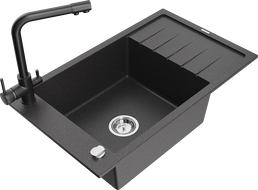 Mexen Elias zlewozmywak granitowy 1-komorowy z ociekaczem i baterią kuchenną Duero, czarny nakrapiany - 6511-76-671600-70
