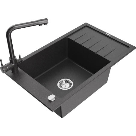 Mexen Elias zlewozmywak granitowy 1-komorowy z ociekaczem i baterią kuchenną Duero, czarny nakrapiany - 6511-76-671600-76