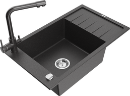 Mexen Elias zlewozmywak granitowy 1-komorowy z ociekaczem i baterią kuchenną Duero, czarny nakrapiany - 6511-76-671600-76