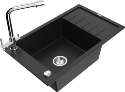 Mexen Elias zlewozmywak granitowy 1-komorowy z ociekaczem i baterią kuchenną Duero, czarny - 6511-77-671600-00
