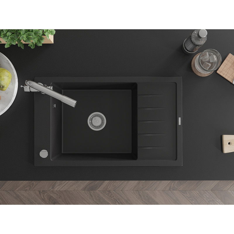 Mexen Elias zlewozmywak granitowy 1-komorowy z ociekaczem i baterią kuchenną Duero, czarny - 6511-77-671600-00