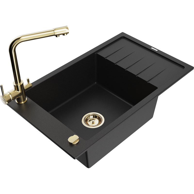 Mexen Elias zlewozmywak granitowy 1-komorowy z ociekaczem i baterią kuchenną Duero, czarny - 6511-77-671600-50