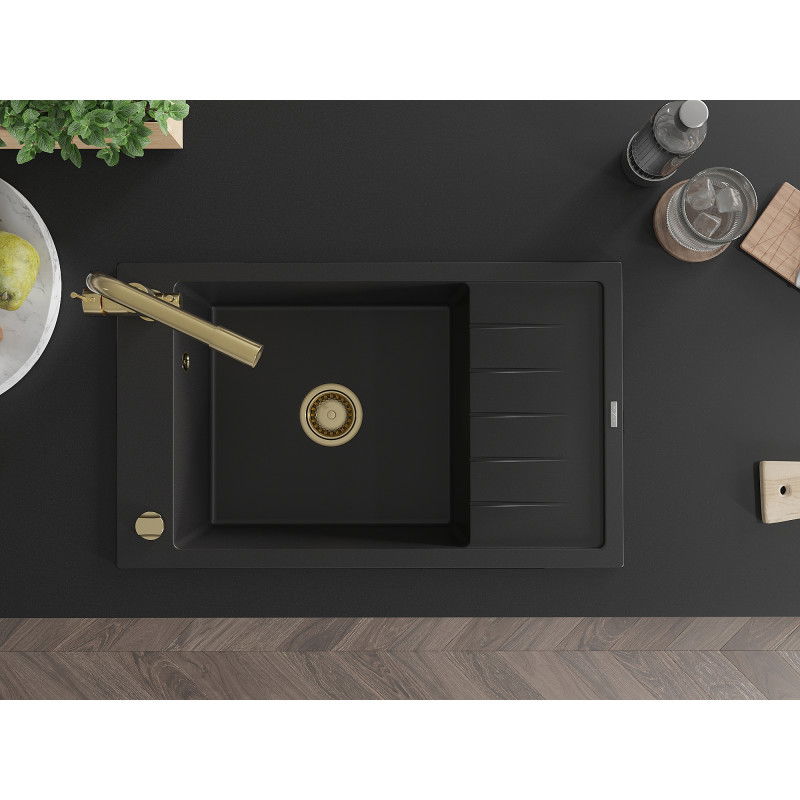 Mexen Elias zlewozmywak granitowy 1-komorowy z ociekaczem i baterią kuchenną Duero, czarny - 6511-77-671600-50