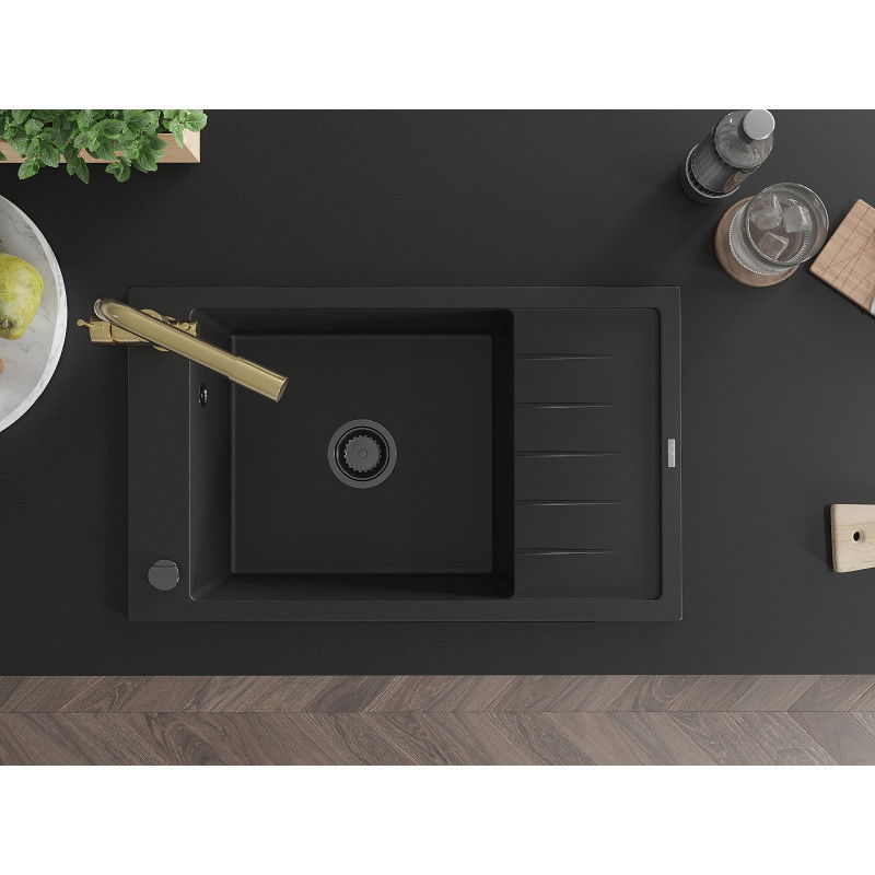 Mexen Elias zlewozmywak granitowy 1-komorowy z ociekaczem i baterią kuchenną Duero, czarny - 6511-77-671600-50-B
