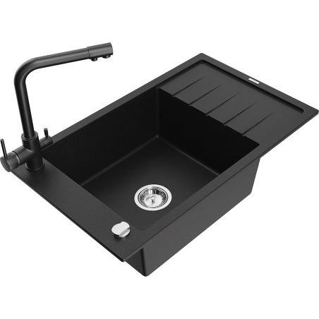 Mexen Elias zlewozmywak granitowy 1-komorowy z ociekaczem i baterią kuchenną Duero, czarny - 6511-77-671600-70
