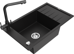 Mexen Elias zlewozmywak granitowy 1-komorowy z ociekaczem i baterią kuchenną Duero, czarny - 6511-77-671600-70
