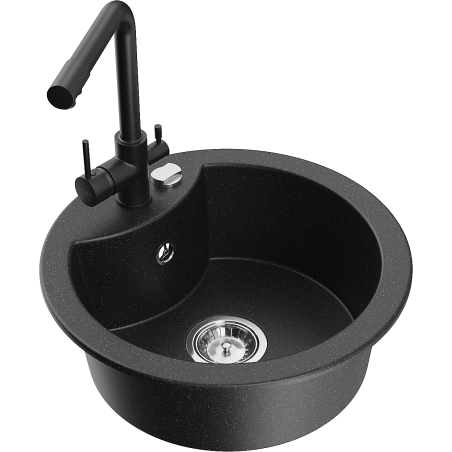 Mexen Diego zlewozmywak granitowy 1-komorowy z baterią kuchenną Duero, czarny/srebrny metalik - 6512-73-671600-70