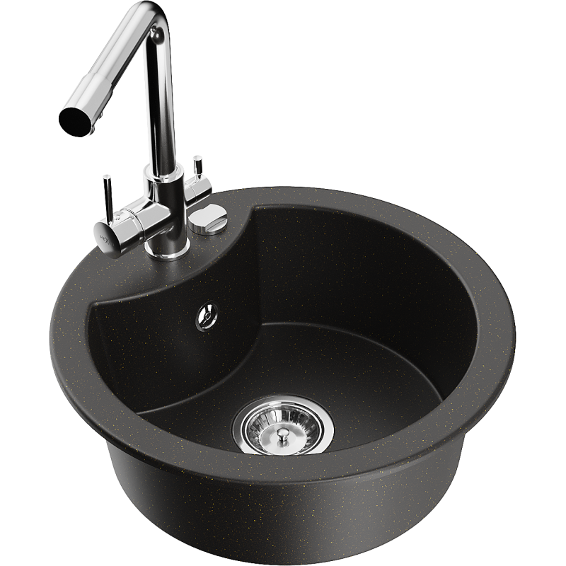 Mexen Diego zlewozmywak granitowy 1-komorowy z baterią kuchenną Duero, czarny/złoty metalik - 6512-75-671600-00