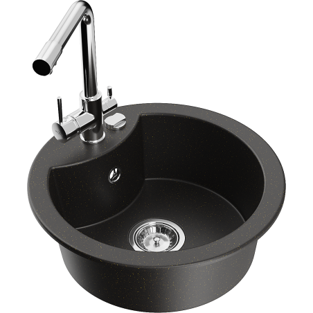 Mexen Diego zlewozmywak granitowy 1-komorowy z baterią kuchenną Duero, czarny/złoty metalik - 6512-75-671600-00