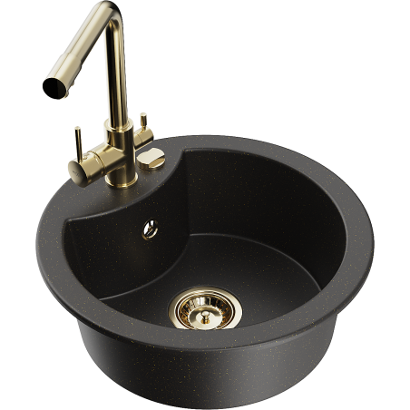 Mexen Diego zlewozmywak granitowy 1-komorowy z baterią kuchenną Duero, czarny/złoty metalik - 6512-75-671600-50