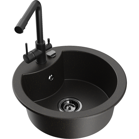 Mexen Diego zlewozmywak granitowy 1-komorowy z baterią kuchenną Duero, czarny/złoty metalik - 6512-75-671600-70-B