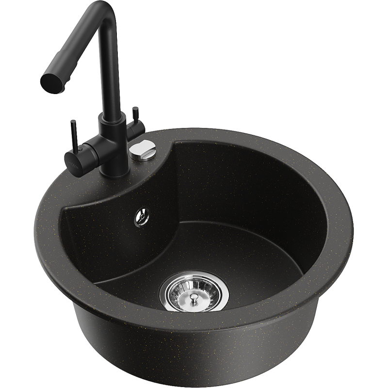 Mexen Diego zlewozmywak granitowy 1-komorowy z baterią kuchenną Duero, czarny/złoty metalik - 6512-75-671600-70