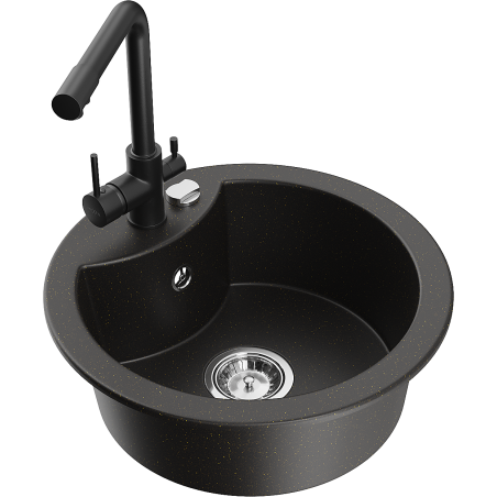 Mexen Diego zlewozmywak granitowy 1-komorowy z baterią kuchenną Duero, czarny/złoty metalik - 6512-75-671600-70