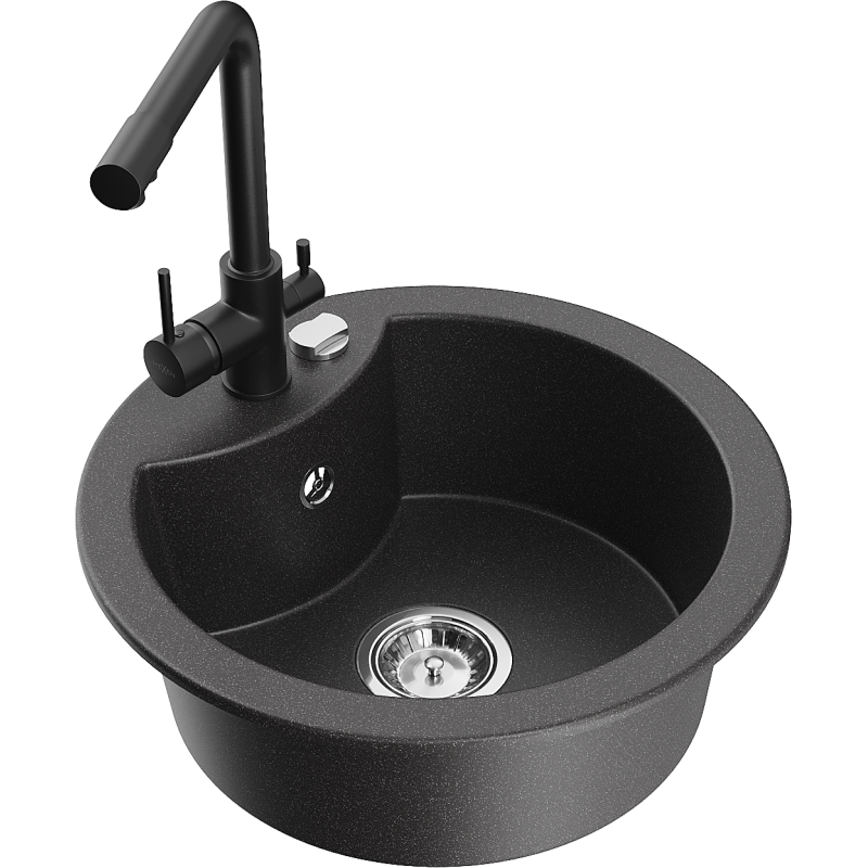 Mexen Diego zlewozmywak granitowy 1-komorowy z baterią kuchenną Duero, czarny nakrapiany - 6512-76-671600-70