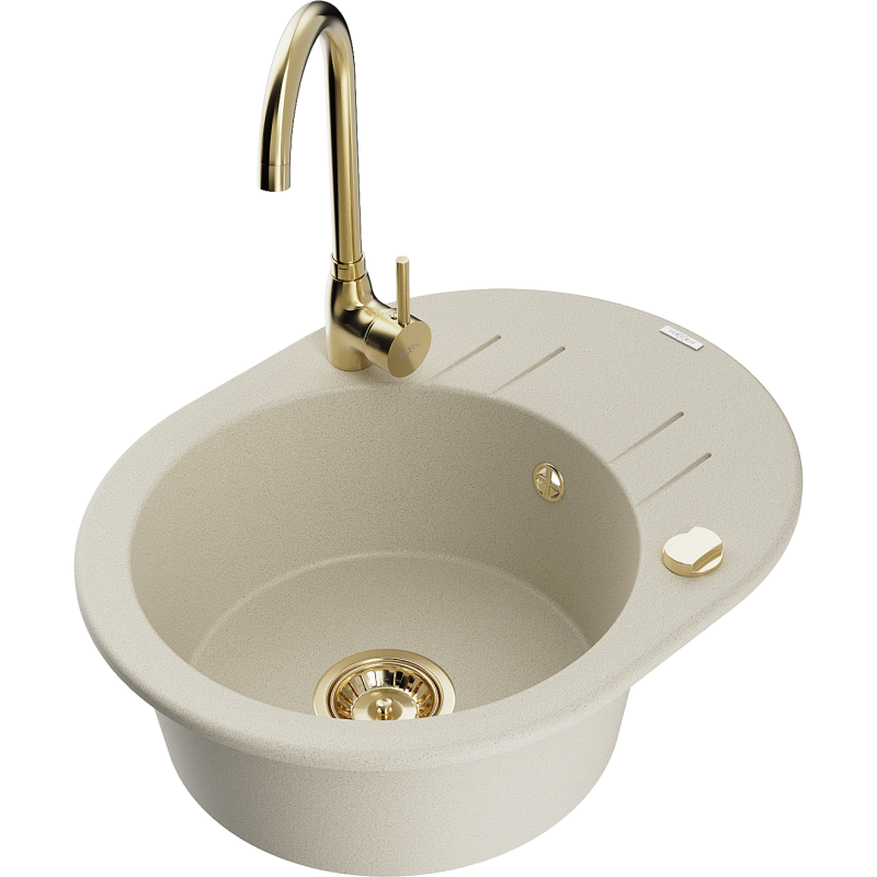 Mexen Kevin zlewozmywak granitowy 1-komorowy z ociekaczem i baterią kuchenną Telma, beżowy - 6517-69-670200-50