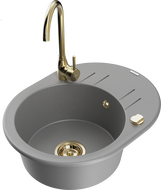 Mexen Kevin zlewozmywak granitowy 1-komorowy z ociekaczem i baterią kuchenną Telma, szary - 6517-71-670200-50