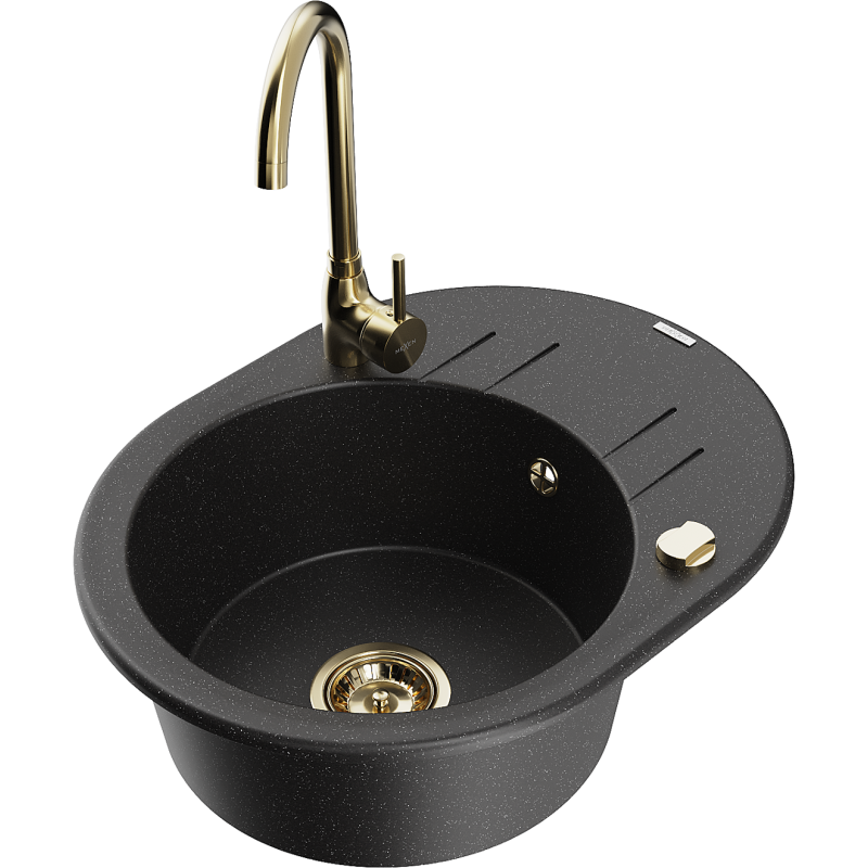 Mexen Kevin zlewozmywak granitowy 1-komorowy z ociekaczem i baterią kuchenną Telma, czarny/srebrny metalik - 6517-73-670200-50