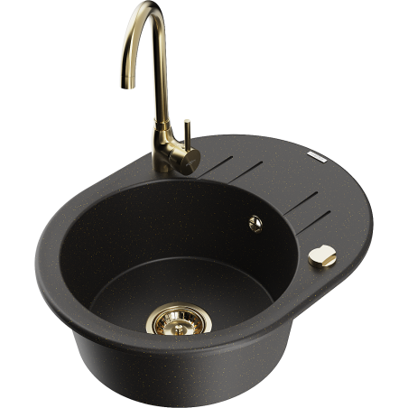 Mexen Kevin zlewozmywak granitowy 1-komorowy z ociekaczem i baterią kuchenną Telma, czarny/złoty metalik - 6517-75-670200-50