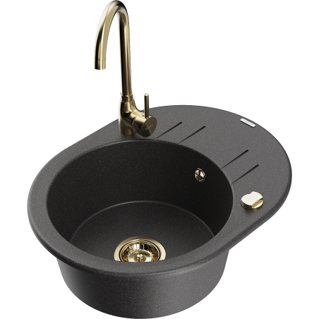 Mexen Kevin zlewozmywak granitowy 1-komorowy z ociekaczem i baterią kuchenną Telma, czarny nakrapiany - 6517-76-670200-50