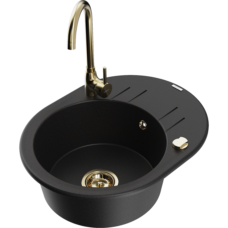 Mexen Kevin zlewozmywak granitowy 1-komorowy z ociekaczem i baterią kuchenną Telma, czarny - 6517-77-670200-50