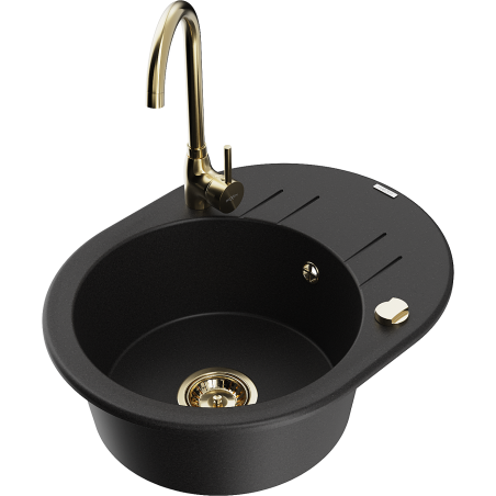 Mexen Kevin zlewozmywak granitowy 1-komorowy z ociekaczem i baterią kuchenną Telma, czarny - 6517-77-670200-50