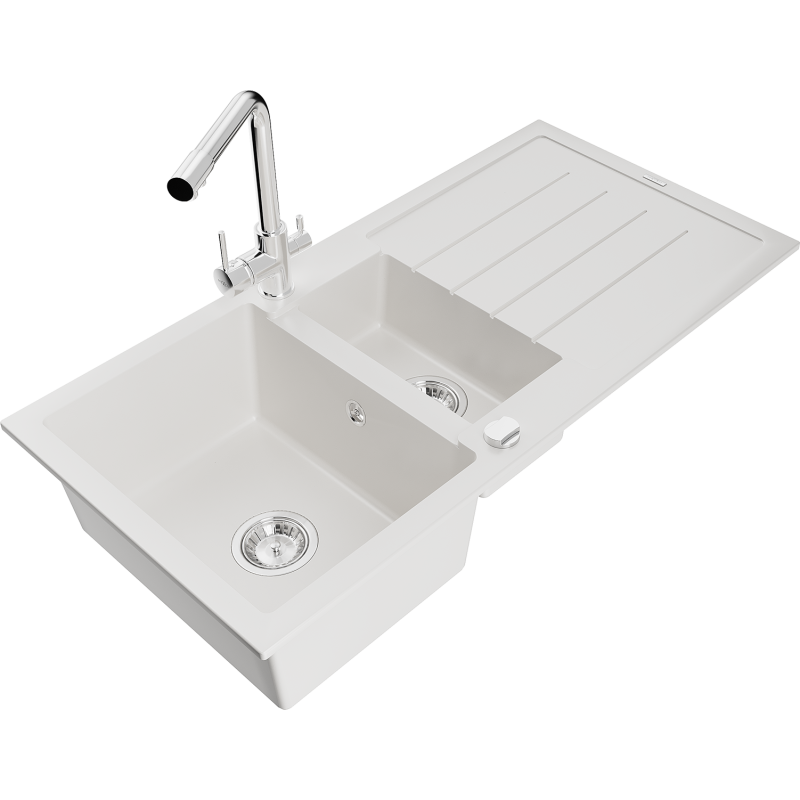 Mexen Andres zlewozmywak granitowy 1,5-komorowy z ociekaczem i baterią kuchenną Duero, biały - 6515-20-671600-00