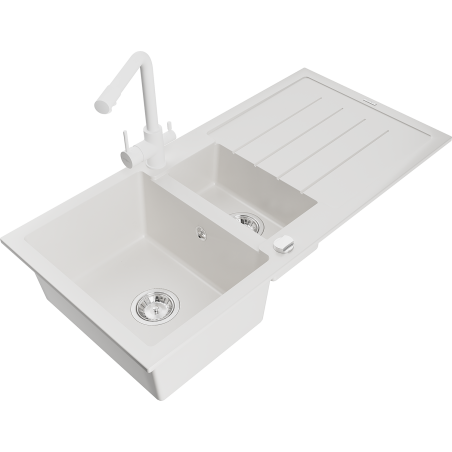 Mexen Andres zlewozmywak granitowy 1,5-komorowy z ociekaczem i baterią kuchenną Duero, biały - 6515-20-671600-20