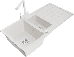 Mexen Andres zlewozmywak granitowy 1,5-komorowy z ociekaczem i baterią kuchenną Duero, biały - 6515-20-671600-20