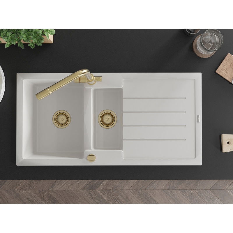 Mexen Andres zlewozmywak granitowy 1,5-komorowy z ociekaczem i baterią kuchenną Duero, biały - 6515-20-671600-50