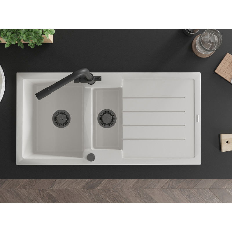 Mexen Andres zlewozmywak granitowy 1,5-komorowy z ociekaczem i baterią kuchenną Duero, biały - 6515-20-671600-70